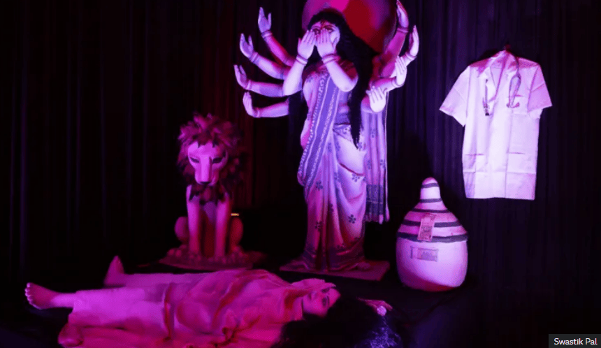 One puja chose Lajja or shame as its theme to focus on the alleged rape and murder of the doctor